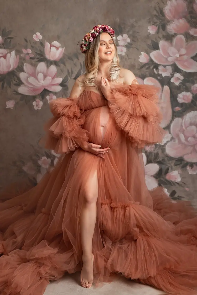 Elegante cárdigan de tul para mujer embarazada, vestido de maternidad para sesión de fotos, dobladillo largo plisado, Mangas desmontables, para invitados de boda