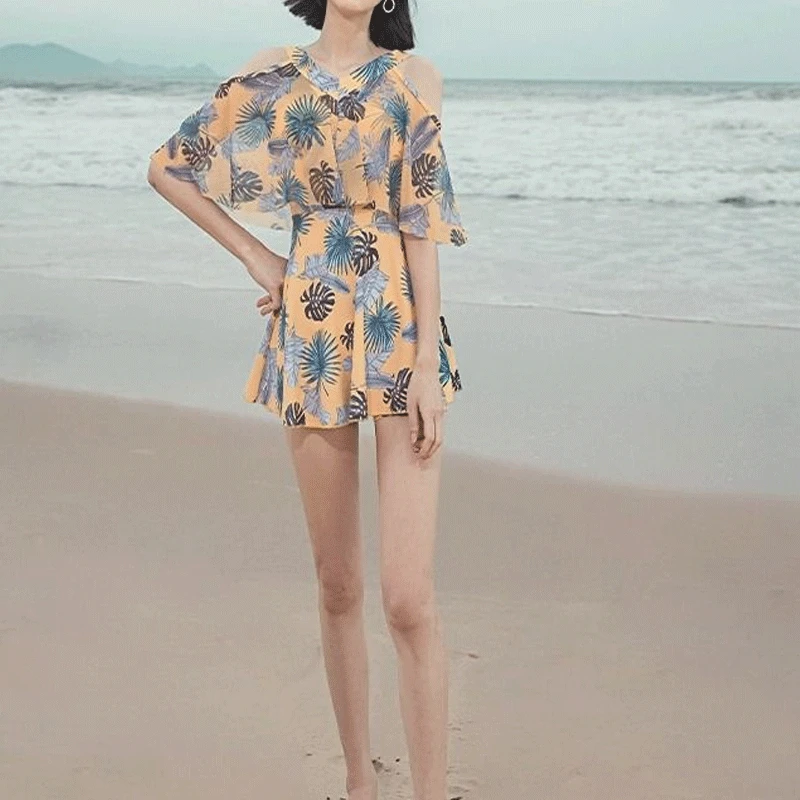 2023 estate coreana conservativa colori a contrasto elegante costumi da bagno hawaiani da donna con spalle scoperte abbigliamento da bagno da spiaggia