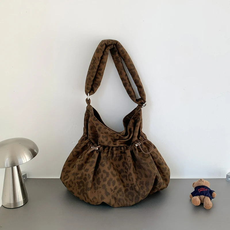 

New Fashion Crossbody Bag Women Large Capacity Drawstring Foldable Leopard Print Shoulder Bag Texture and Versatile Storage Bags