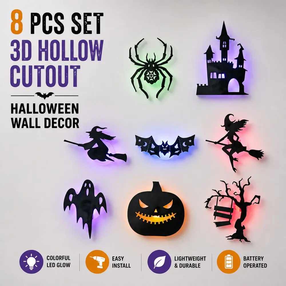 PVC Halloween Wall Stickers Hollow Cutout Halloween Theme 3D Wall Decals Festive Style 3D Effect Night Light Stickers Home Decor