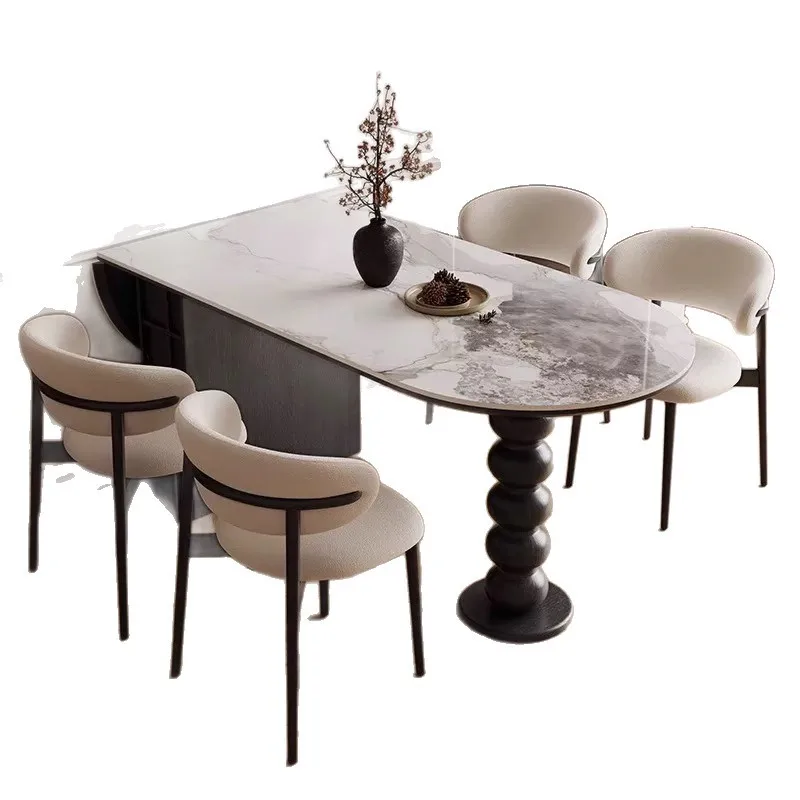 

Medieval style solid wood travertine rock slab dining table French retro household oval small apartment can be folded against