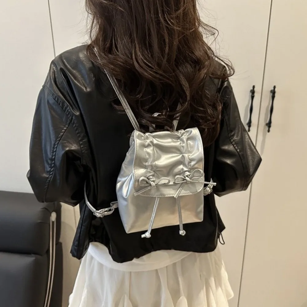 간단한 넥타이 보우 배낭 Y2k 솔리드 컬러 Pu 가죽 배낭 대용량 더블 어깨 가방 학생 학교 가방 학생