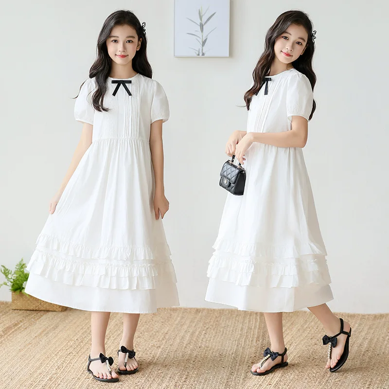 

Girls White Ruffled Midi Dress – Puff Sleeve Black Bow Detail Tiered Cake Skirt Casual Dress for Kids Summer Daily Wear 10 12 Y