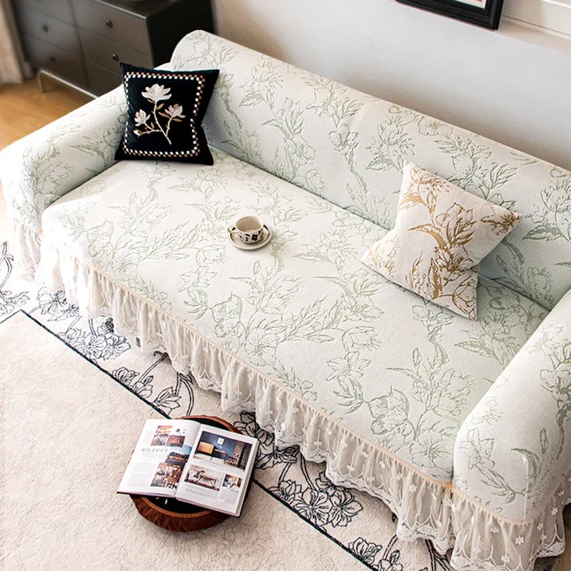 Nordic Flower Jacquard Lace Skirt Sofa Cover Soft Polar Fleece All-Inclusive Dust Cover for Sofa Easy-Care Elastic Couch Covers