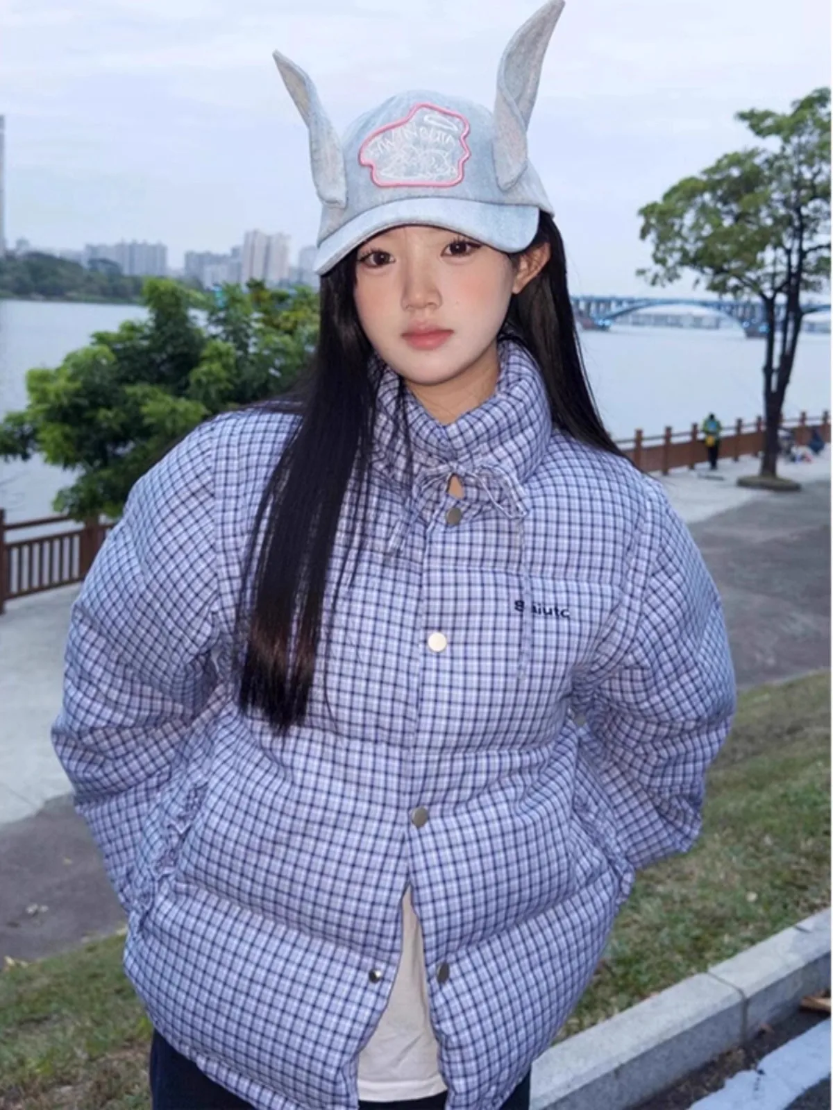 

Синий клетчатый воротник-стойка, хлопковый джет, женский зимний теплый съемный жилет, корейское свободное пальто