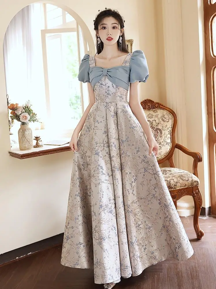 

Blue Print Length Evening Dress Light Luxury Graduation Student Art Exam Performance Dress Girl Birthday Party Puff Sleeve Dress
