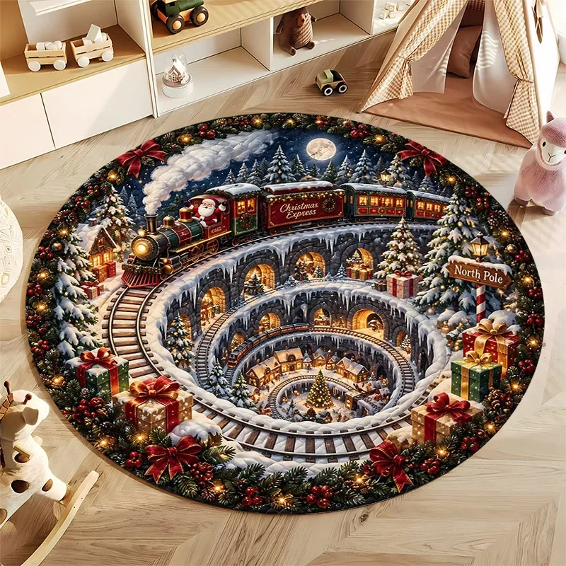 3D Illusion Round Rug, Winter Christmas Fantasy Snow Tunnel Village Print Mat, Holiday Decor Carpet for Bedroom Living Room Gift