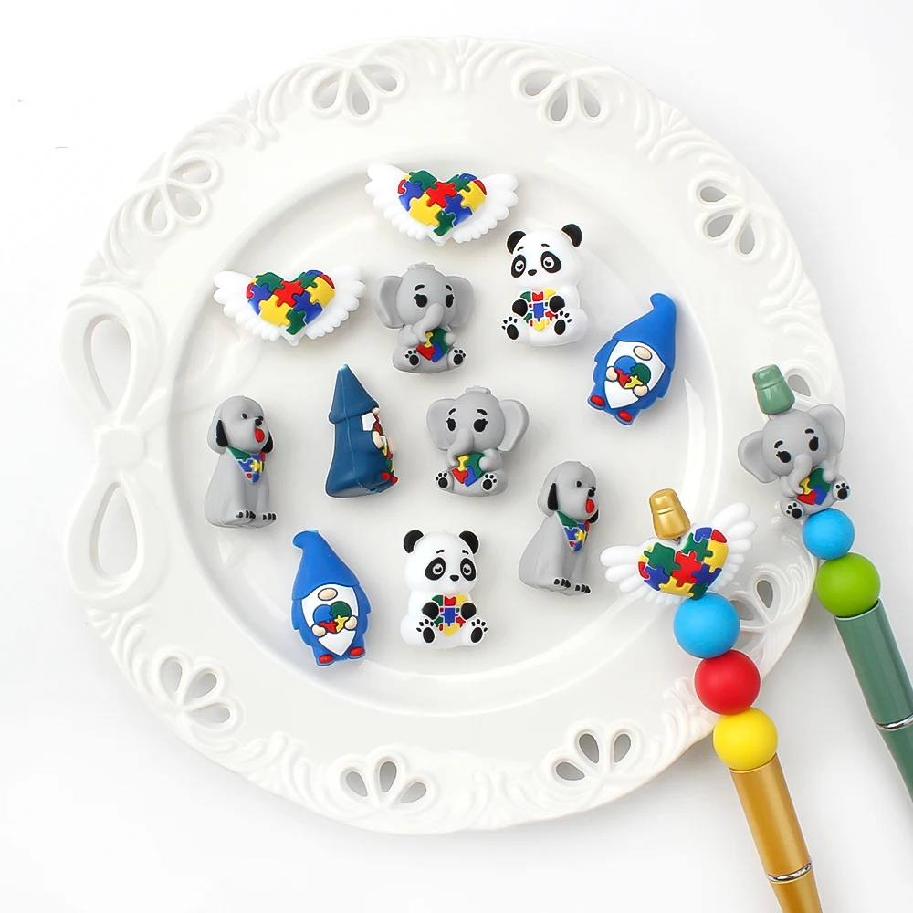 6/12pcs Autism Themed Silicone Beads Love Puzzle Design Animal Focal Bead DIY Keychains Jewelry Bracelets Necklaces Crafting Kit