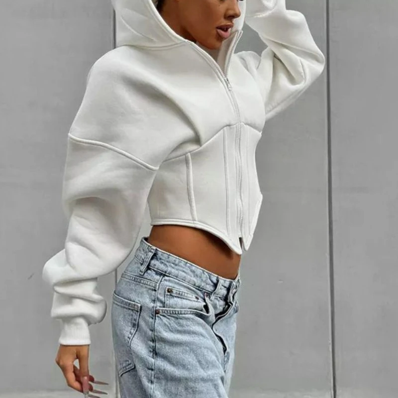 Personality Street Coat Zipper Long Sleeve Hooded Cardigan Short Coat Spring and Autumn Casual Women's Coat