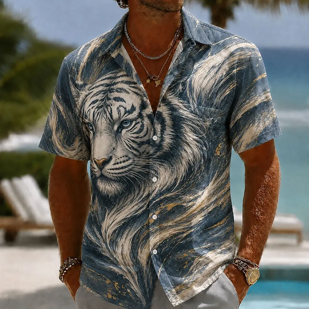 New Arrival Men Eagle Art Print Shirts Short Sleeve Lapel Button Up Casual Tops Male Summer Beach Vacation Streetwear