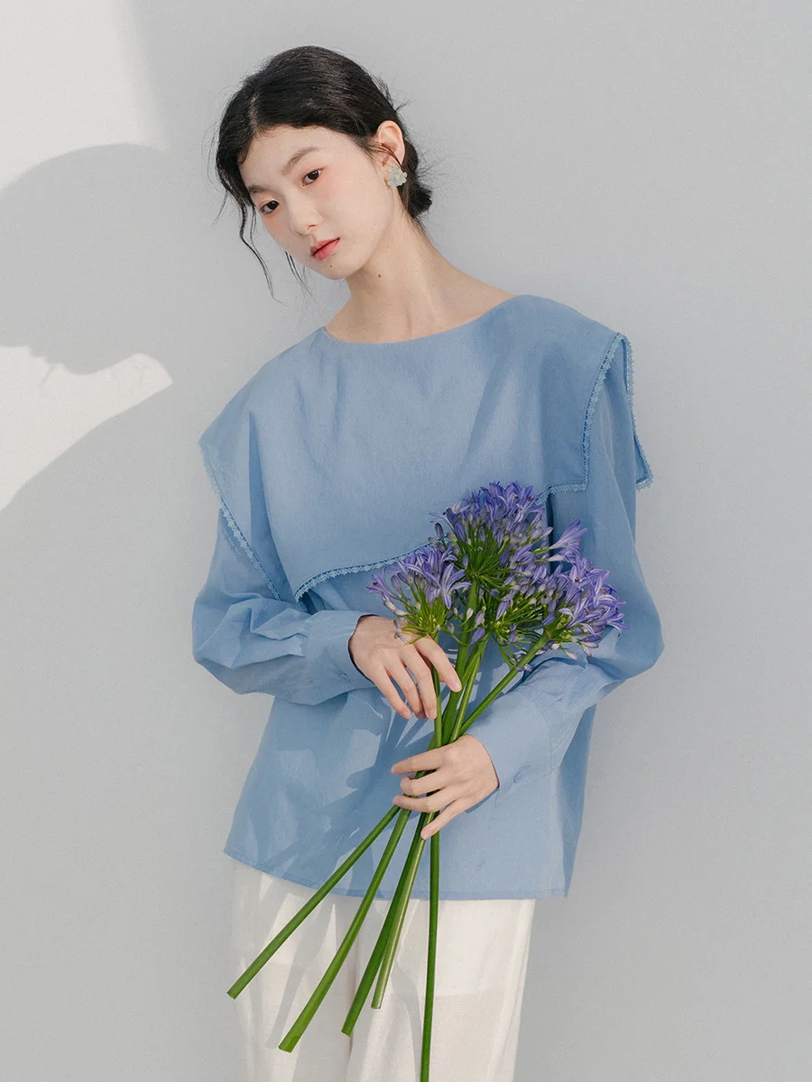 

Blue Long Sve Lace Patchwork Naval Collar Blouse by Bluwhite Ele Commute Sle Loose Fit Thin Material Pure Color