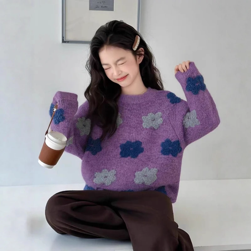 

2026 Girls Floral Knit Sweater, Purple Round Neck Winter Top for Kids Chic Wool Pullover New Arrival