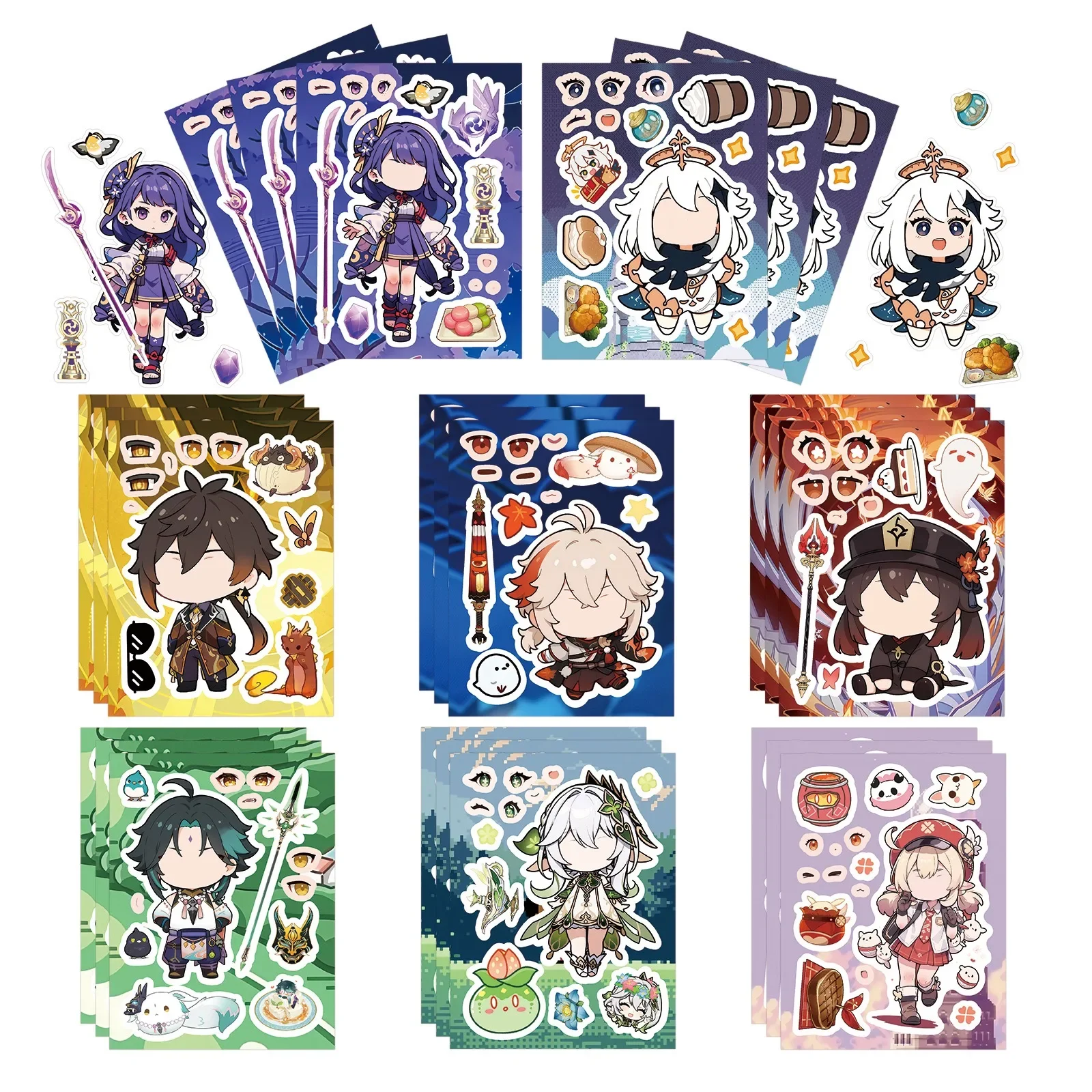 

8/16Sheets Game Genshin Impact Cute Q Version Puzzle Make a Face Stickers Graffiti Waterproof Assemble Jigsaw Decal Kids Toy