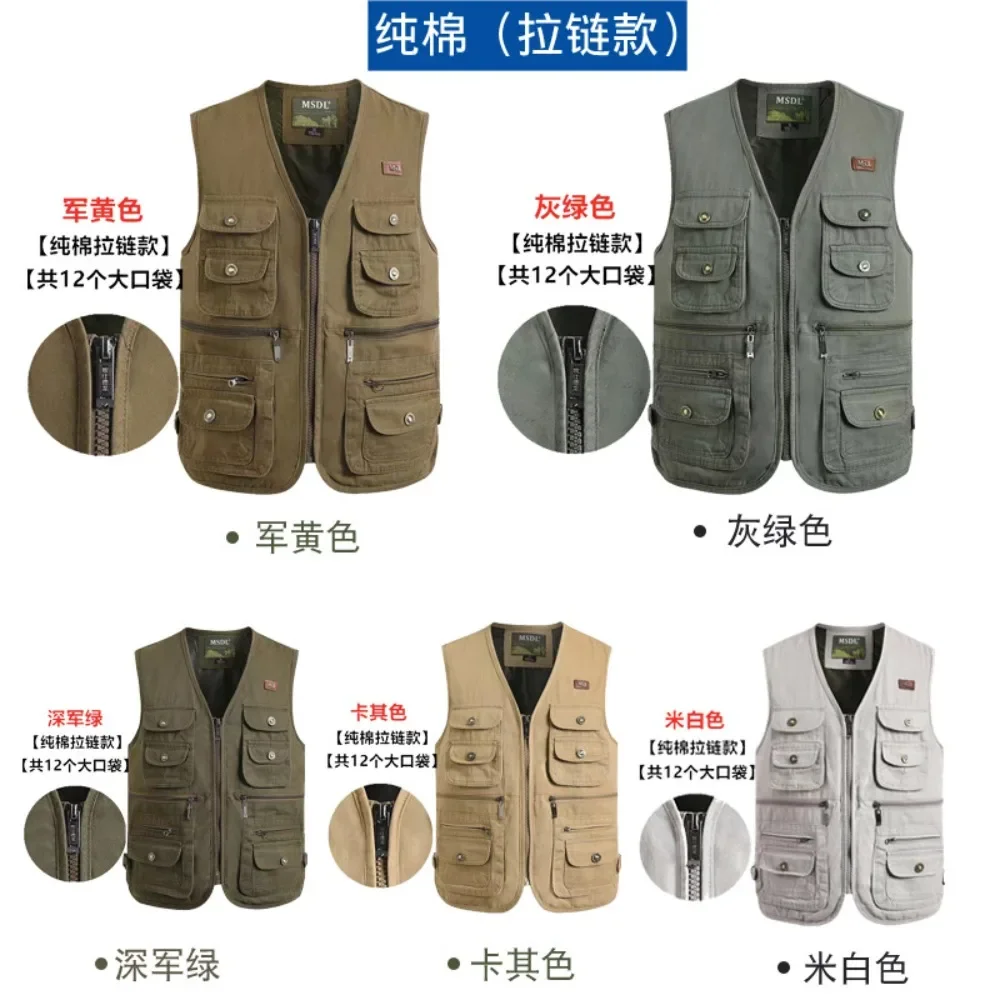 

2024 Spring and Autumn Full Cotton Double Layered Multi Pocket Outdoor Men's Pure Cotton Fishing Photography Functional Vest