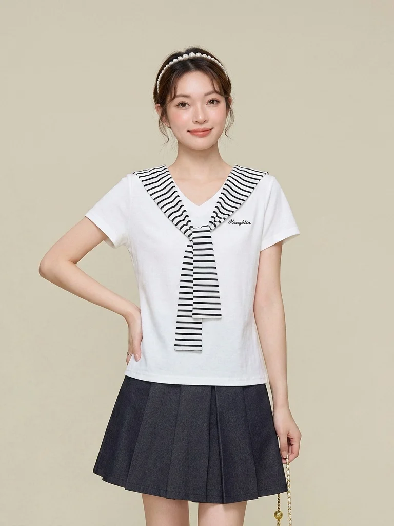 Summer New Stripe Shoulder Wrap V-Neck Short Sleeve T-Shirt Women's Loose Style Anti-Wrinkle Cotton Polyester Blend Top