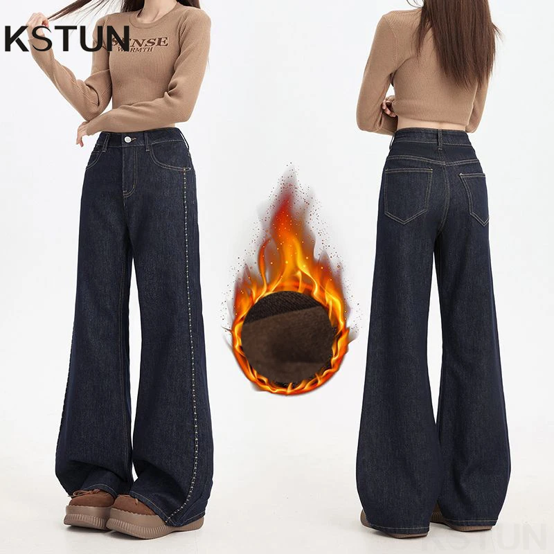 

KSTUN 2025 зимние теплые джинсы для женщин, брюки-клеш, флисовые джинсы с высокой талией, утепленные эластичные винтажные джинсовые брюки