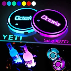 LED Car Water Cup Mat For Skoda VRS Fabia Octavia Yeti Superb Scala Kamiq Kodiaq Rapib Citigo Auto Decorative Atmosphere Lights