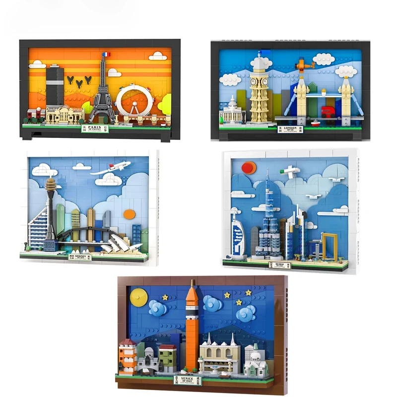 

Art Hanging Painting Model Building Blocks City World Famous Attractions Postcard Bricks Sets Classic Decoration Toys Adults Kid