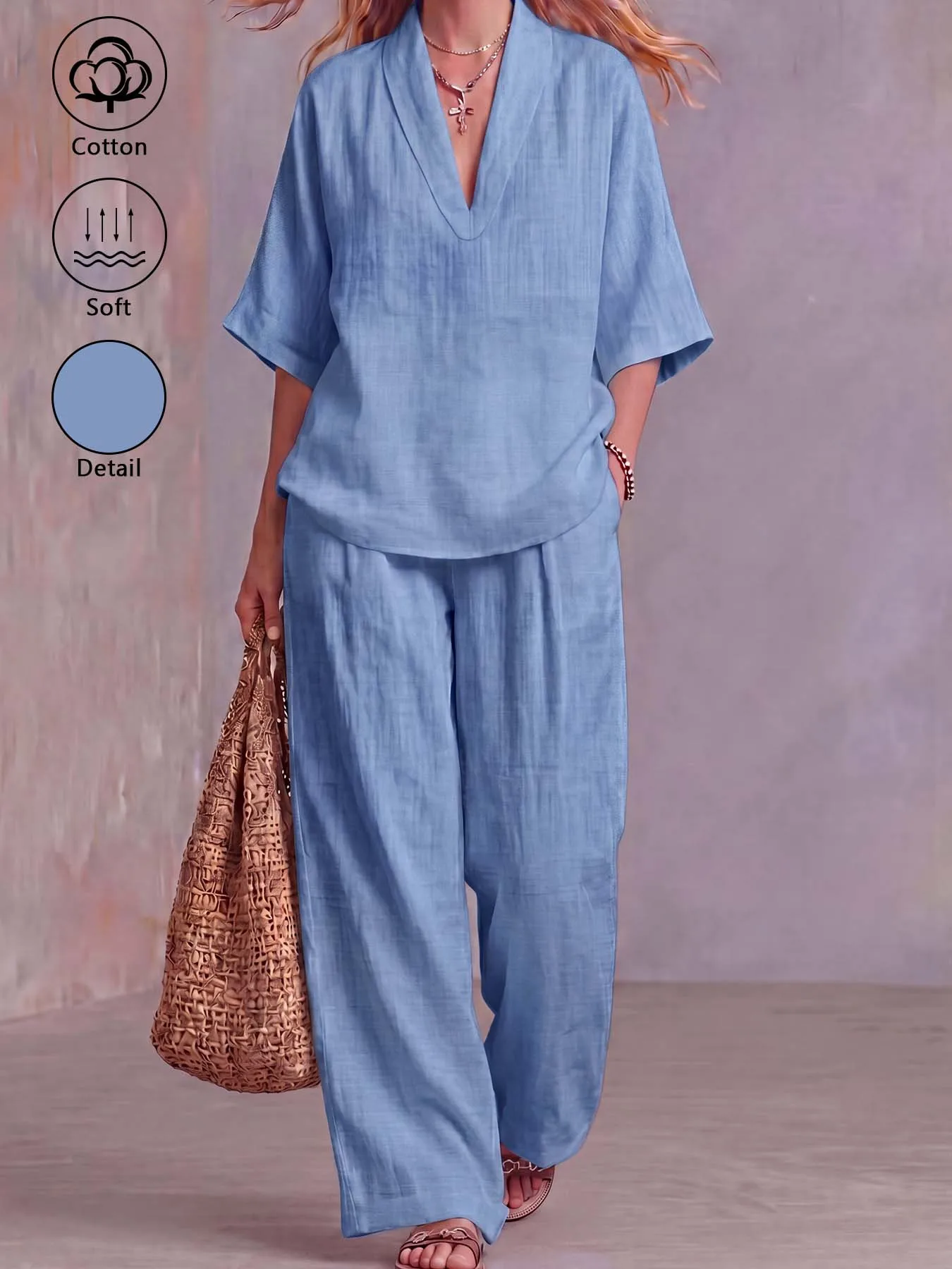 Women's 100% Cotton Loose Two-Piece Set: Deep V-Neck Mid-Sleeve Top and Elastic-Waist Wide-Leg Pants – Versatile Casual Set