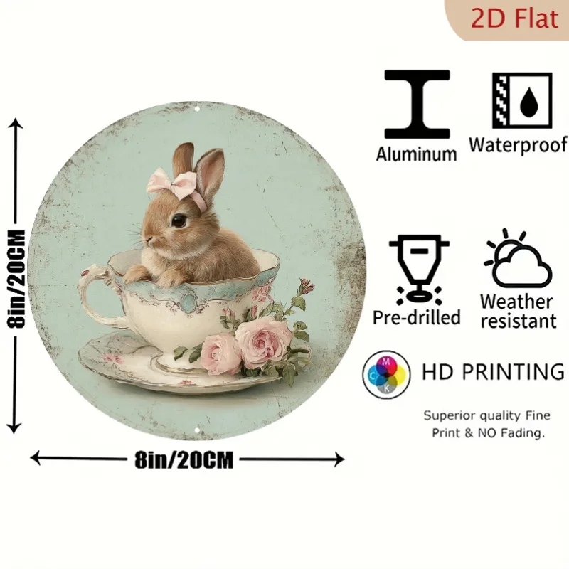 Vintage Bunny Teacup Metal Tin Sign Rustic Wall Decor for Kitchen Cafe Bedroom Home 8x12 Inch