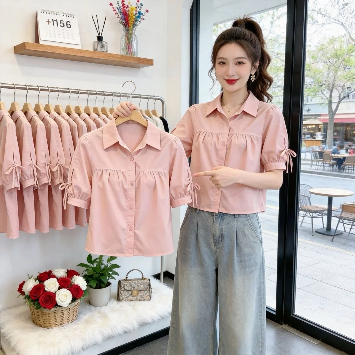 Fashionable Thin Short Sleeve Shirt for Small Stature Women  Knot Loose Fit Summer New Style Top  Collar Other M...
