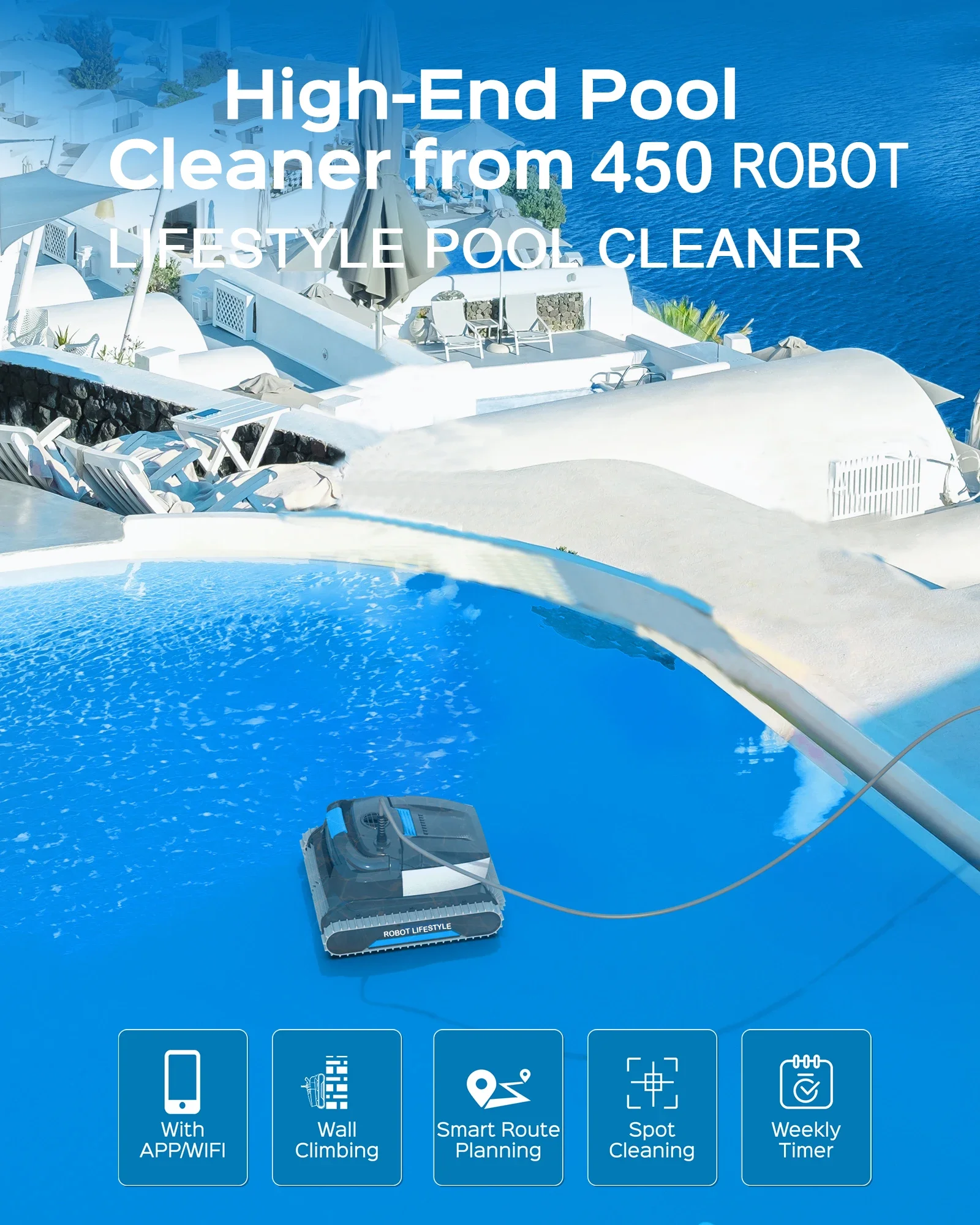 Robot pulitore per piscina Cavo galleggiante elettrico da 30 m WY450 per piscina grande, piastrelle di cemento a mosaico per pareti da arrampicata, PVC, 200 W