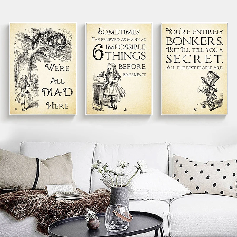 Disney Alice in Wonderland Poster And Prints For Kids Bedroom Home Decor Cartoon Movie Hatter Quotes White Kraft Paper Wall Art