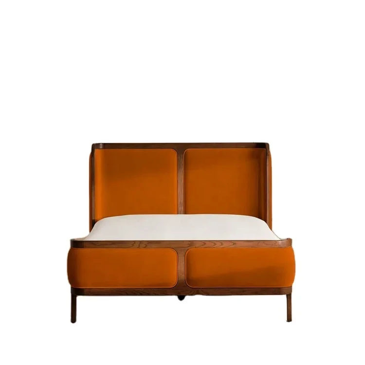 

Solid Oak Mid-Century Style Bed With Velvet Upholstered Headboard Footboard Available in King Double Size French Design Style