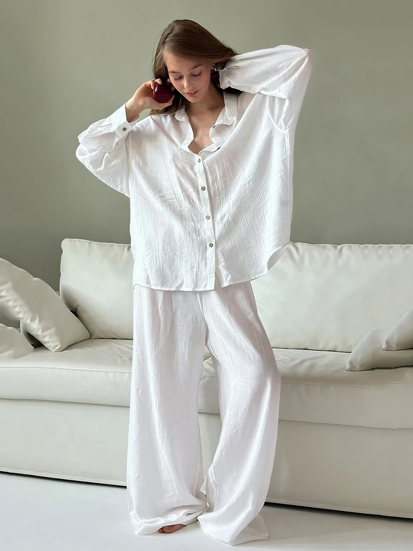 

Marthaqiqi Winter Female Nightgown Set Long Sleeve Nightwear Turn-Downs Collar Pajama Wide Leg Pants Casual Femme Sleepwear Suit