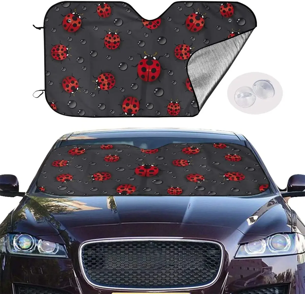 Kiuloam Car Windshield Sun Shade,Red Ladybug Rain on Dark UV Protection Foldable Auto Sunshade for Car Prevent Your Car from Sun