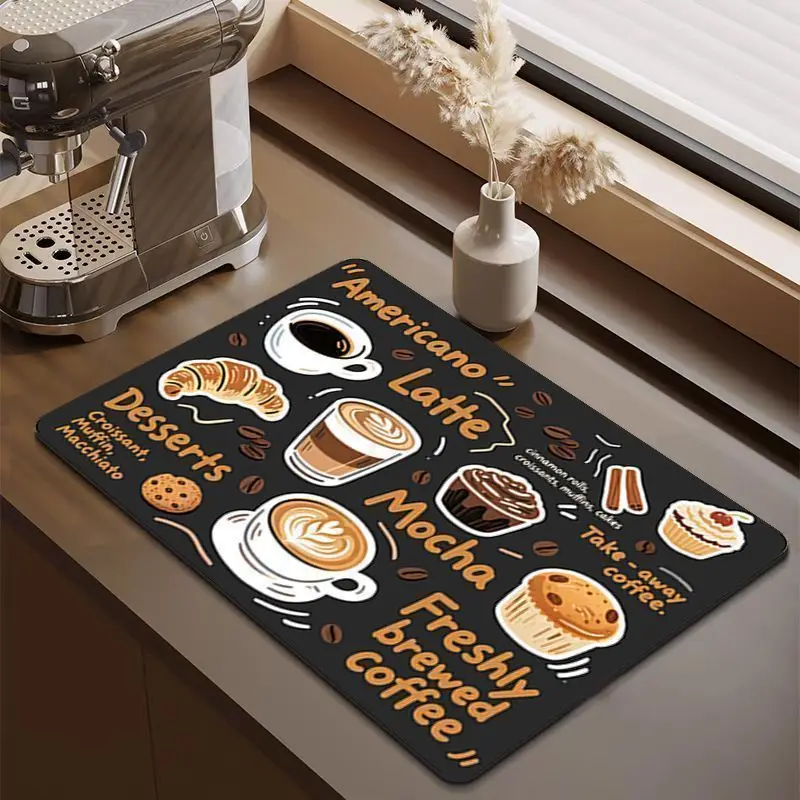 Coffee-Themed Tableware Drainer Mat Coffee Machine Absorbent Quick-Dry Non-Slip Coffee Bar Kitchen Countertop Home Decor Mat