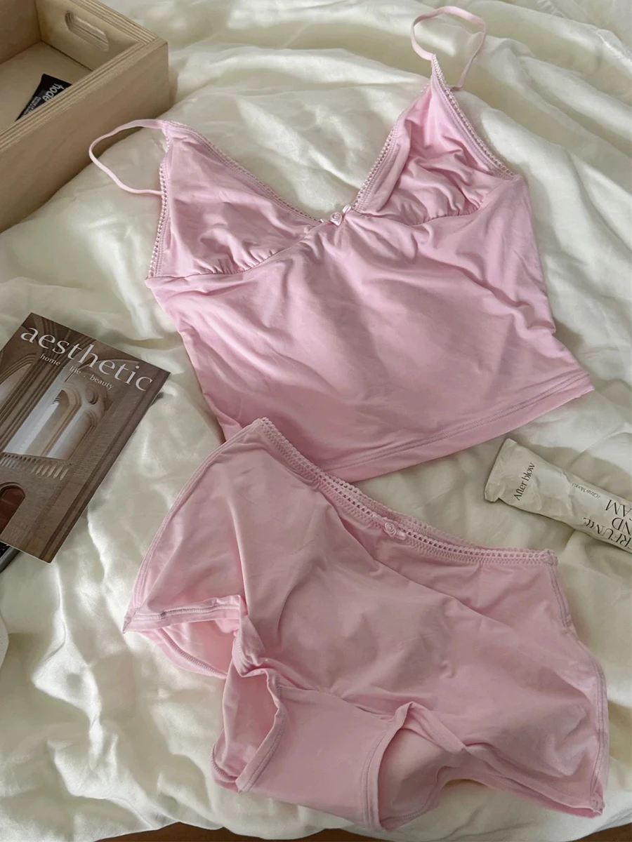 Pink Floral Ultra-thin Lingerie Set Women Lace Trim Triangular Cup Slim Bra+Low Waist Boxer High Elasticity Seamless Briefs Sets