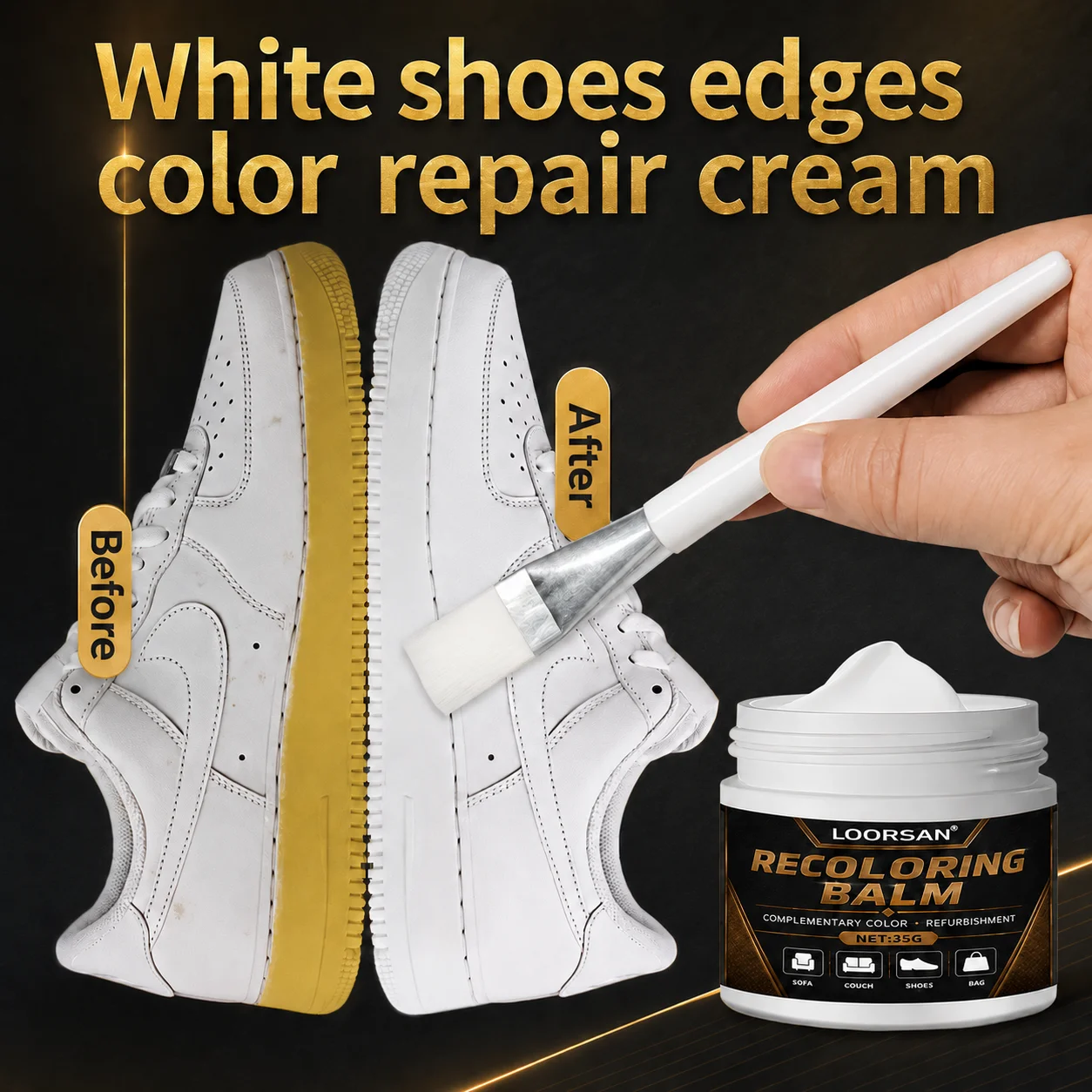 Pâte de retouche pigmentée LOORSAN pour baskets en cuir blanc 35g – Baume réparateur anti-ternissement jaunissement et rayures pour chaussures avec pinceau