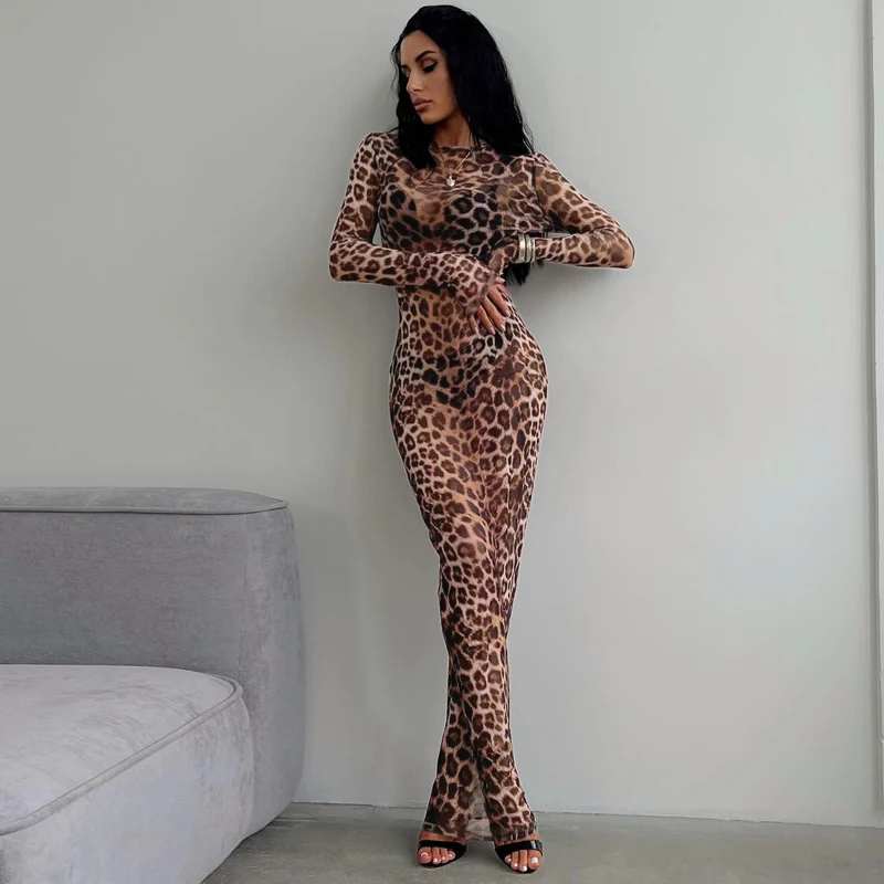 Vestido de verano con estampado de leopardo para mujer, malla con cuello redondo, manga larga, Sexy, transparente, trajes de moda Maxi, vacaciones