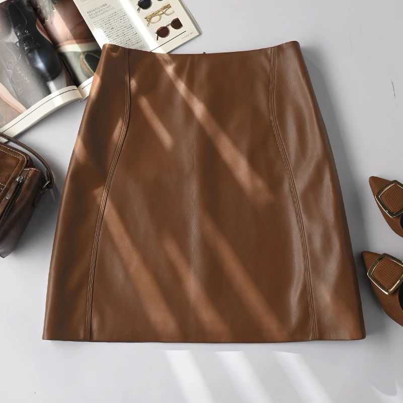 

Кожаная юбка А-силуэта с высокой талией из натуральной овчины, универсальная, осенне-зимняя, новая, женская, однотонная