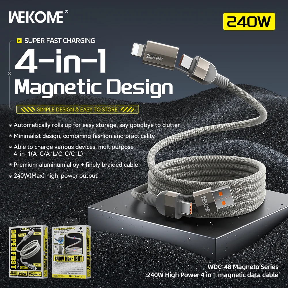 Image of WEKOME WDC-48 240W 4-in-1 Magnetisches Schnellladekabel, USB/Typ-C zu iPhone/Typ-C, selbstaufrollbarer Aufbewahrungsspeicher 1m