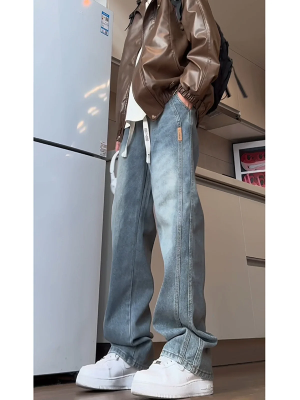 

Blue High Waist Men's Jeans Straight Leg Long Trousers High Waist Extended American Workwear Wide Leg Pants Youth Faion