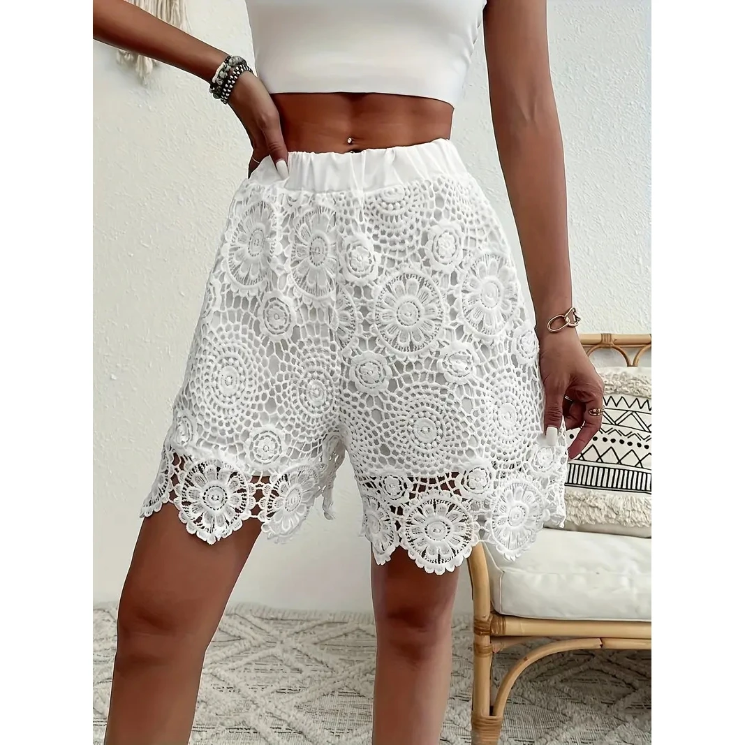 2026 Women's New Style Lace Trim Fashionable Straight Leg Pure Color Short Pants Versatile mid Waist Elegant Beachwear