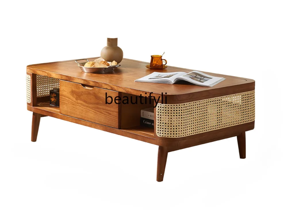 A44 Medieval rattan drawer coffee table living room small apartment practical simple ash wood Japanese style