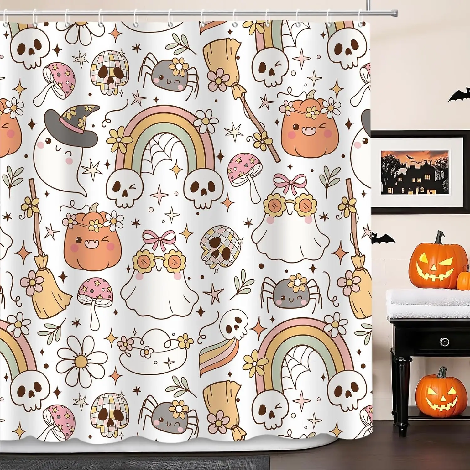 

Винтажная занавеска для душа на Хэллоуин, милый призрак, тыква, скелет, Радуга, паук, бу, занавески для душа для декора ванной комнаты