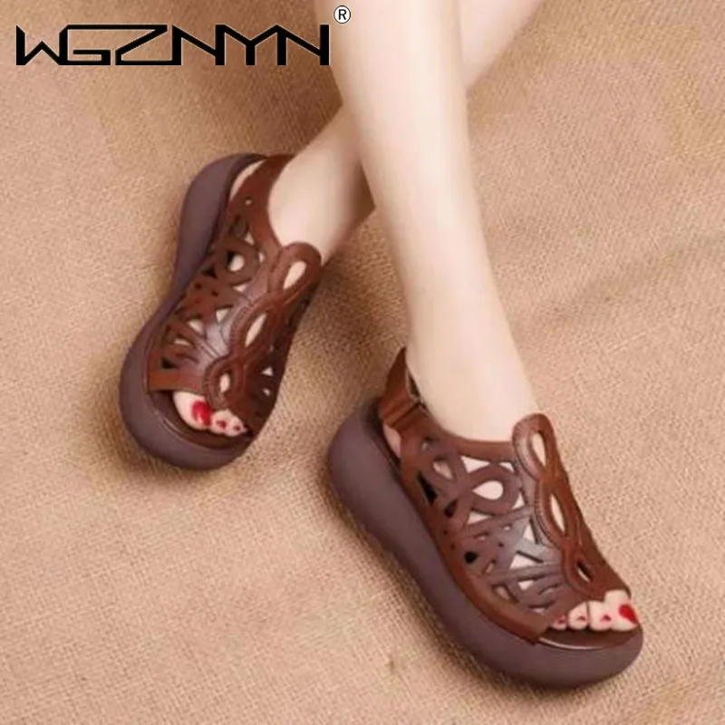 2022 NEW Summer Women Sandals Genuine PU Leather Wedges High Heel Platform Hollow Peep Toe Female Ladies Shoes Zapatos De Mujer