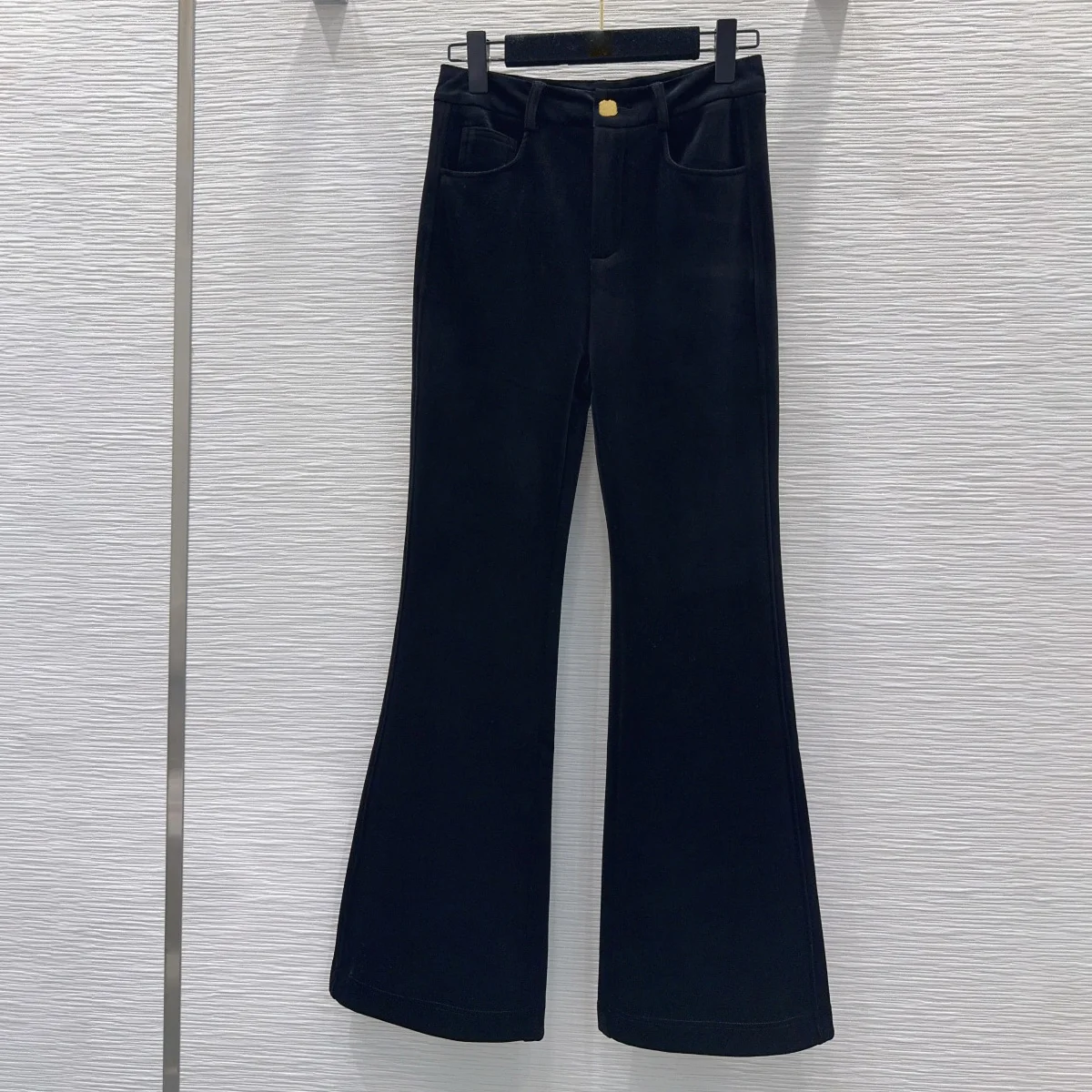 High Quality Women Black High Waist Flared Pants, Fall Winter Draped Fleece Lined Slim Casual Trousers lyt26101202