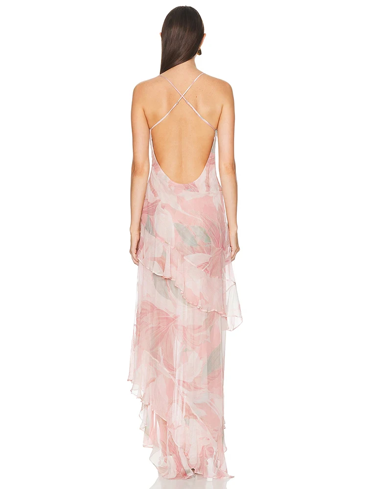 Sexy sem mangas cinta de espaguete floral impresso babados vestido longo feminino verão sem costas férias pista vestidos de festa à noite