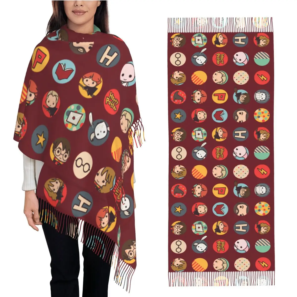 Women's Scarf with Tassel Potters Cartoon Icons Long Winter Fall Shawl Wrap Gifts Cashmere Scarf