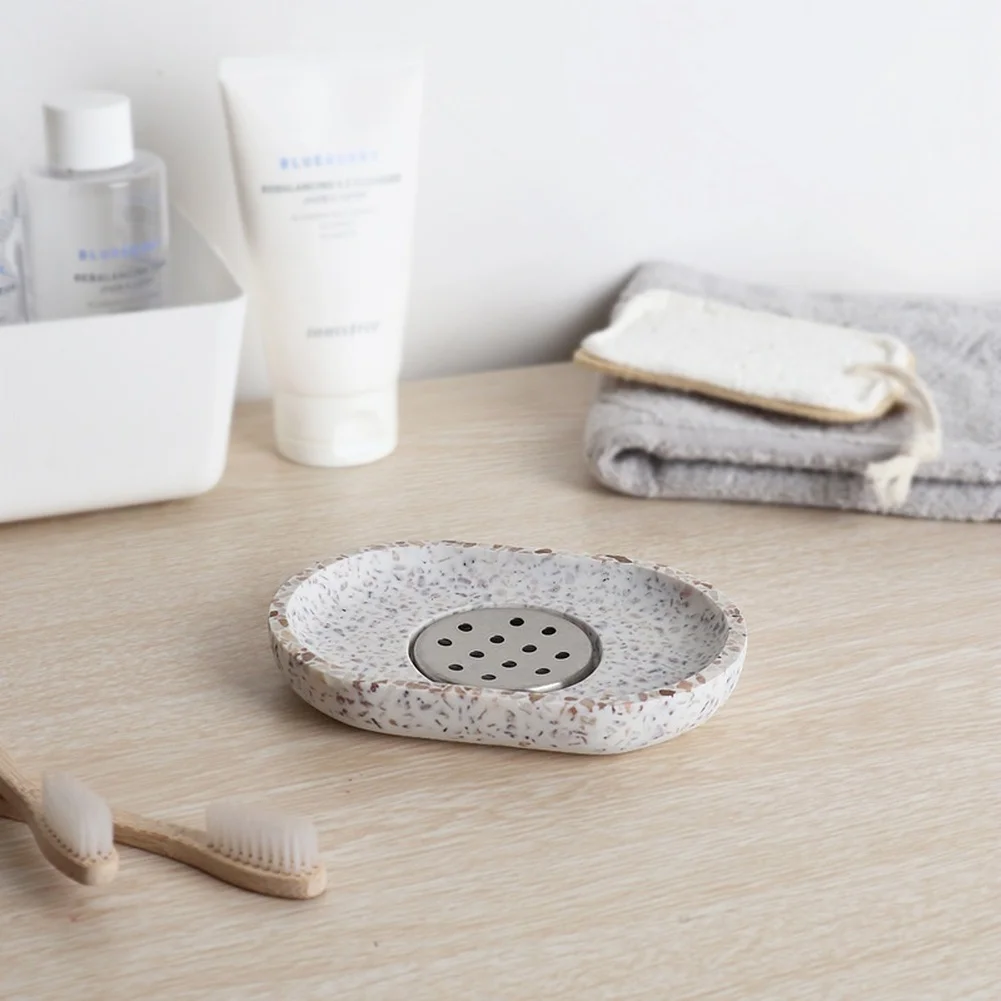 Oval Terrazzo Soap Dish with Integrated Removable Stainless Steel Drain Tray for Streamlined Daily Maintenance