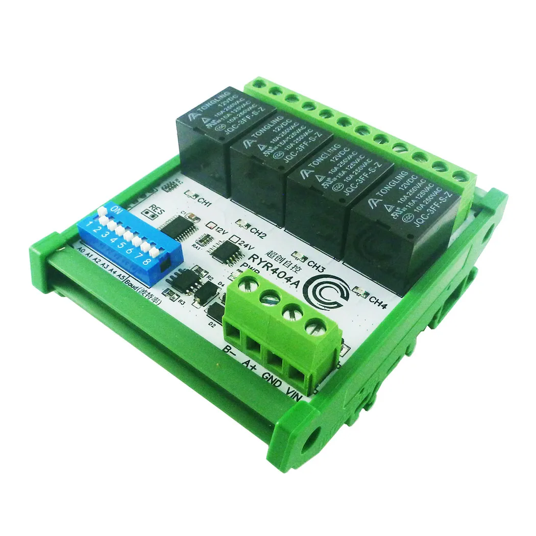 Industrial Grade 4-Channel RS485 Relay Module 12V 24V DC Modbus RTU PLC IO Expansion with DIP Switches for Control Systems