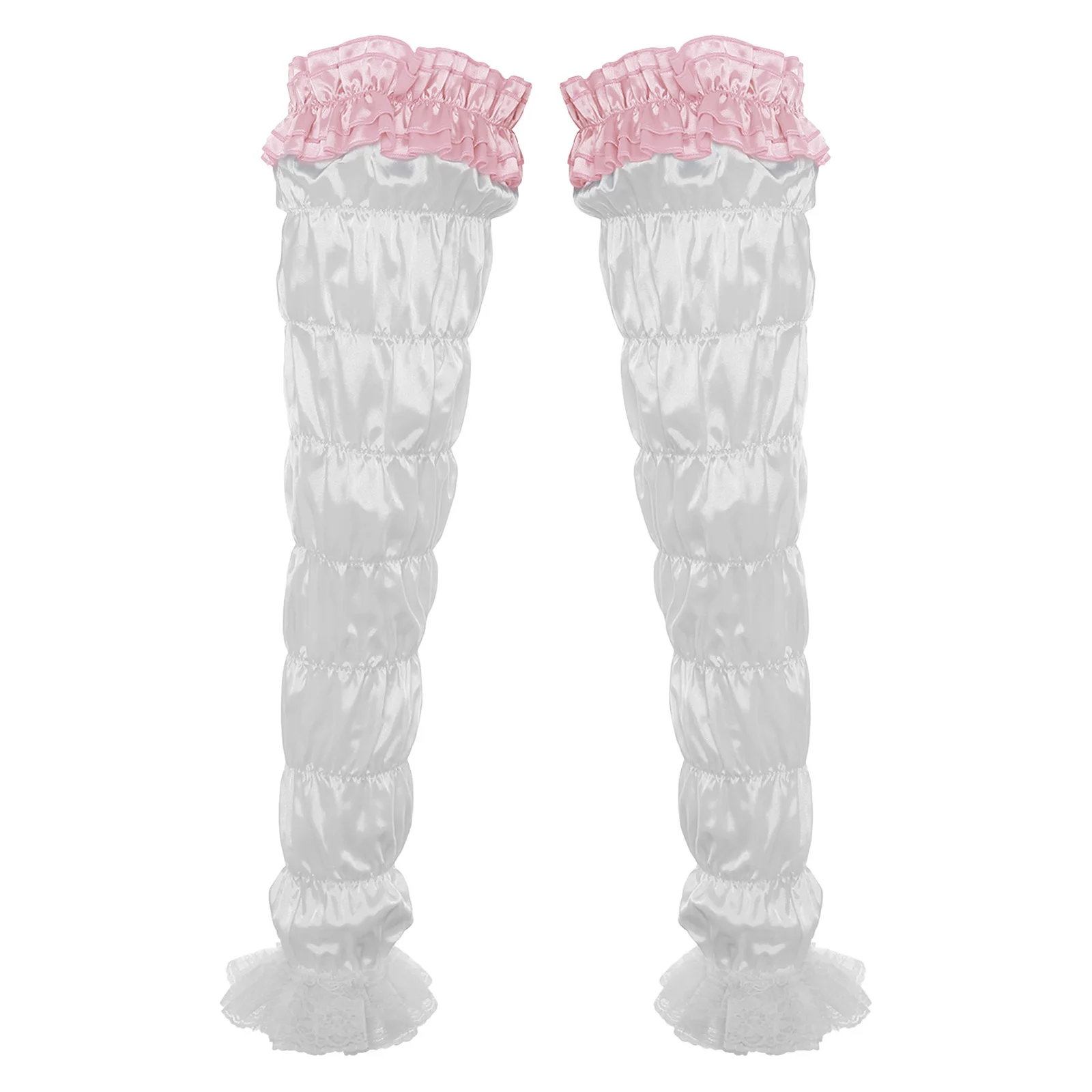 1 Pair Footless Stockings Color Blocking Satin Ruffled Floral Lace Trim Long Socks Mens Sissy Drag Queen Leg Warmers Lolita