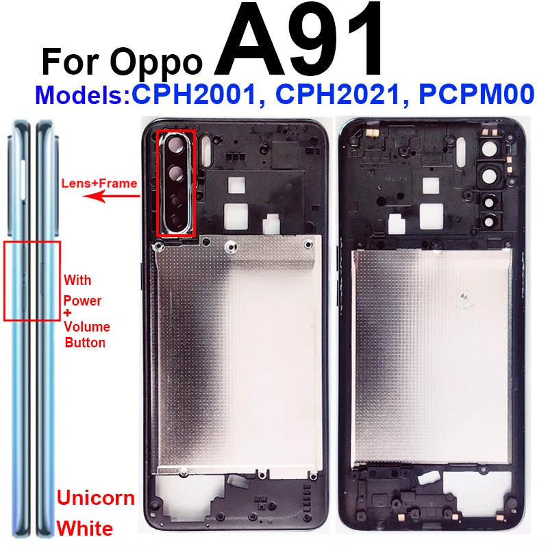 For OPPO A91 4G Middle Housing Middle Frame Bezel Cover with Side Button Camera Lens Frame Parts