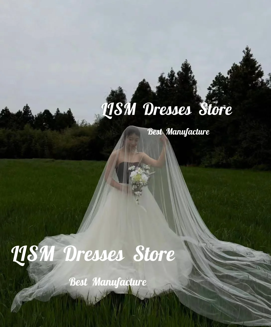 Lism Princess Korea Wedding Dress Strapless Black Contrast Ivory Tulle A-Line Indoor/Outdoor Photo shoot Bridal Gown Customized