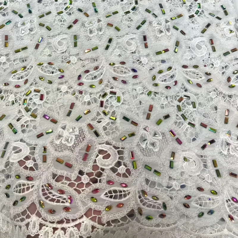 

Delicate Floral Cord Lace Embroidery Hollow Out Colorful BeadTubes African French For Sewing Wedding Dress Guipure Lace Fabric